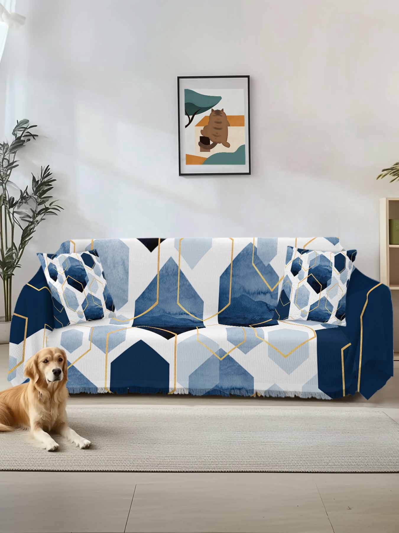 Navy Blue Marble Couch Cover for 2 Cushion Sofa, Gold White Geometric