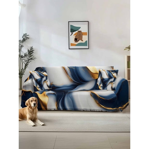 Navy Blue Marble Couch Cover Sofa Covers 3 Cushion Sectional Couch, Gold Modern Art Washable Sofa Covers Slipcover Sectional Sofa Cover, Furniture Protector 71"x150"