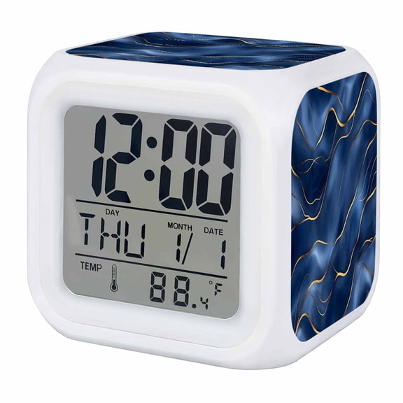 Navy Blue Marble Digital Alarm Clock for Bedrooms, Smart LED Alarm Clock with 7 Color Changing Night Light, Abstract Modern Golden Geometric Silent Wake Up Clocks for Sleep Study Cooking 3.2"x3.2"