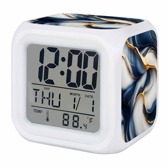 Navy Blue Marble Digital Alarm Clock for Bedrooms, Smart LED Alarm Clock with 7 Color Changing Night Light, Gold Modern Art Silent Wake Up Clocks for Sleep Study Cooking 3.2"x3.2"
