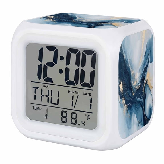 Navy Blue Marble Digital Alarm Clock for Bedrooms, Smart LED Alarm Clock with 7 Color Changing Night Light, Modern Abstract Ink Painting Silent Wake Up Clocks for Sleep Study Cooking 3.2"x3.2"