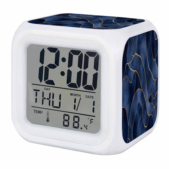 Navy Blue Marble Digital Alarm Clock for Bedrooms, Smart LED Alarm Clock with 7 Color Changing Night Light, Modern Golden Geometric Abstract Silent Wake Up Clocks for Sleep Study Cooking 3.2"x3.2"