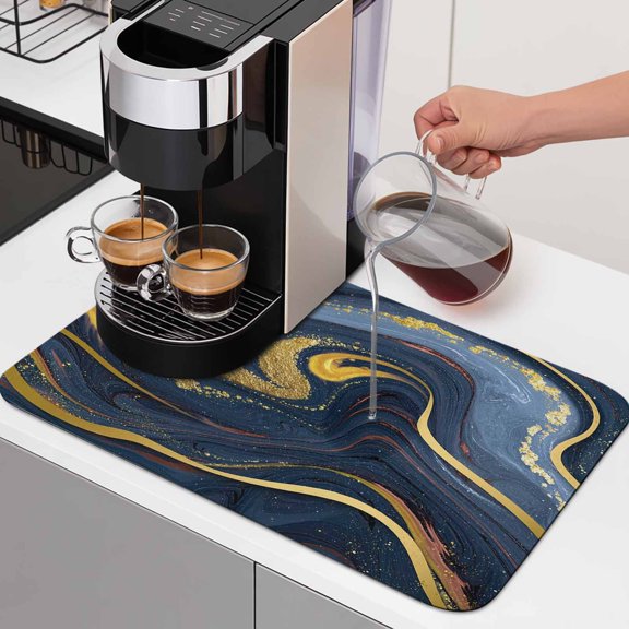 Navy Blue Marble Dish Drying Mats for Kitchen Counter, Modern Abstract Golden Waves Absorbent Coffee Bar Mat with Non-slip Rubber Backed Quick Drying Dish Rack Pad 12"x16"
