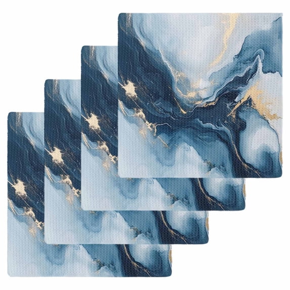 Navy Blue Marble Dish Towels Set, Waffle Weave Kitchen Towels 4 Pieces, Modern Abstract Ink Painting Microfiber Hair Face Bath Tea Towel Absorbent Quick Drying Cleaning Dish Cloths, 12"x12"