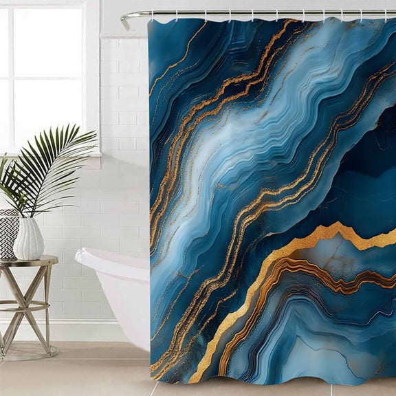Navy Blue Marble Extra Long Shower Curtain Set, Waterproof Shower Curtains for Bathroom, Abstract Ink Painting Contemporary Washable Fabric Cloth Bath Curtain for Bathtub with Hooks 72x96 Inches