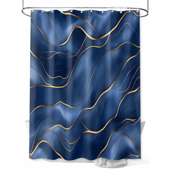 Navy Blue Marble Extra Long Shower Curtain Set, Waterproof Shower Curtains for Bathroom, Abstract Modern Golden Geometric Washable Fabric Cloth Bath Curtain for Bathtub with Hooks 72x96 Inches