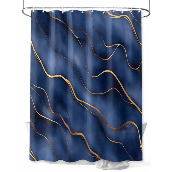 Navy Blue Marble Extra Long Shower Curtain Set, Waterproof Shower Curtains for Bathroom, Modern Golden Geometric Art Washable Fabric Cloth Bath Curtain for Bathtub Decoration with Hooks 72x96 Inches