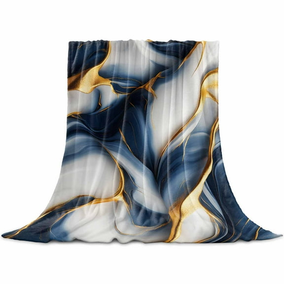 Navy Blue Marble Flannel Blanket for Bed, Gold Modern Art Soft Cozy Warm Couch Throw Blanket, Lightweight Fluffy Plush Bedding Blankets for Sofa Decor All Season 50"x60"