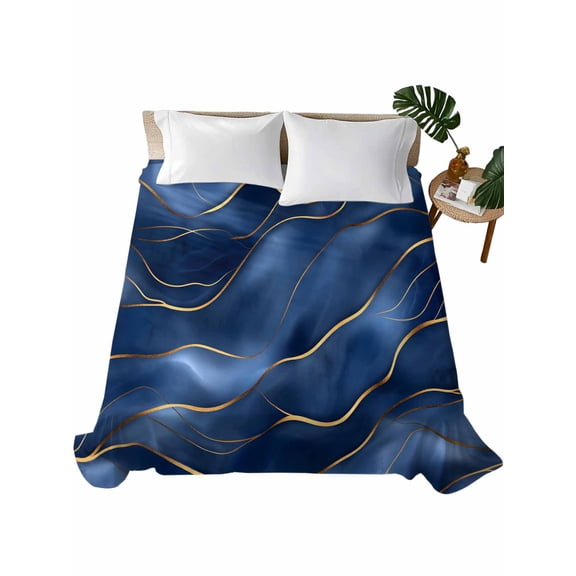 Navy Blue Marble Flat Sheets Only King Size, Soft Breathable Bed Top Sheets for Mattress, Abstract Modern Golden Geometric Luxury Bedding Flat Sheets for Home Hotel Bedroom Bed Protection