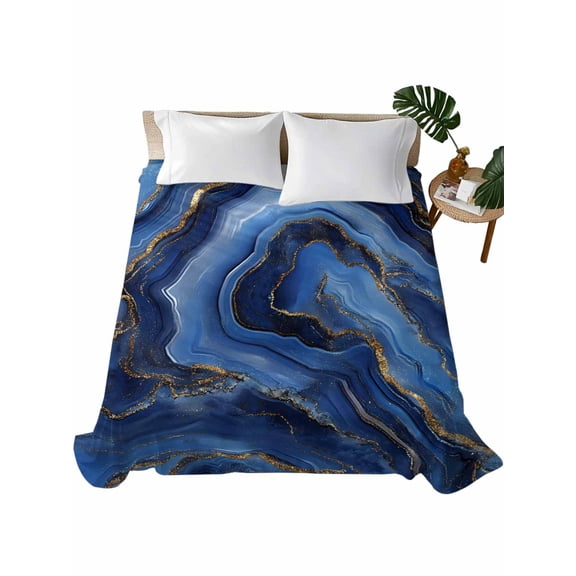 Navy Blue Marble Flat Sheets Only King Size, Soft Breathable Bed Top Sheets for Mattress, Contemporary Ink Painting Abstract Luxury Bedding Flat Sheets for Home Hotel Bedroom Bed Protection