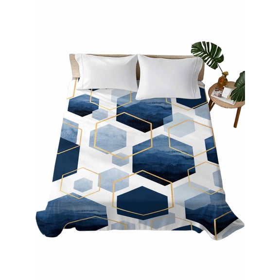 Navy Blue Marble Flat Sheets Only King Size, Soft Breathable Bed Top Sheets for Mattress, Gold White Geometric Hexagon Modern Luxury Bedding Flat Sheets for Home Hotel Bedroom Bed Protection