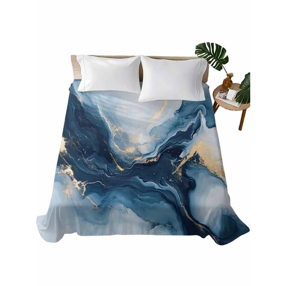 Navy Blue Marble Flat Sheets Only King Size, Soft Breathable Bed Top Sheets for Mattress, Modern Abstract Ink Painting Luxury Bedding Flat Sheets for Home Hotel Bedroom Bed Protection