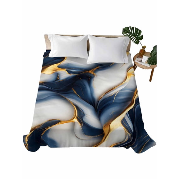 Navy Blue Marble Flat Sheets Only Queen Size, Soft Breathable Bed Top Sheets for Mattress, Gold Modern Art Luxury Bedding Flat Sheets for Home Hotel Bedroom Bed Protection