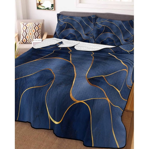 Navy Blue Marble Full Size Down Alternative Comforter, Lightweight Comforter Quilt Bedding Set with Pillow Shams Modern Golden Geometric Abstract All Seasons Bed Comforter Duvet Insert 78"x90"