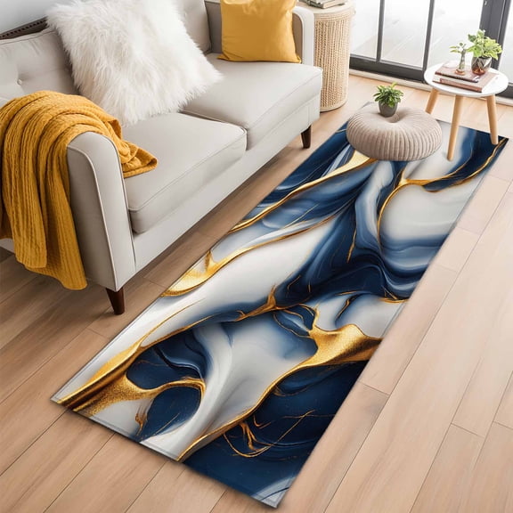 Navy Blue Marble Hallway Runner Rug 2'x6', Non Slip Area Rugs for Entryway, Gold Modern Art Washable Low Pile Indoor Floor Carpet for Laundry Room Bedroom Kitchen Corridor