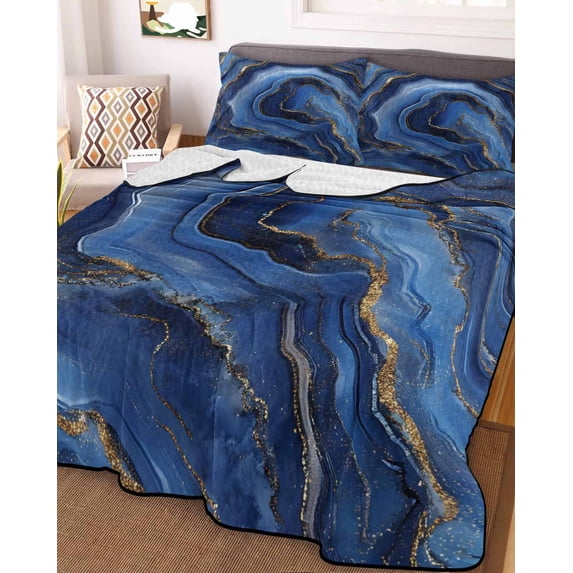 Navy Blue Marble King Size Down Alternative Comforter, Lightweight Comforter Quilt Bedding Set with Pillow Shams Contemporary Ink Painting Abstract All Seasons Bed Comforter Duvet Insert 96"x106"