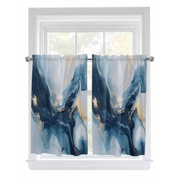 Navy Blue Marble Kitchen Curtains 45 Inch Length, Modern Abstract Ink Painting Rod Pocket Light Filtering Window Curtains Living Room Bedroom Curtain Drapes Cafe Curtain Window Treatment 42''x45''x2