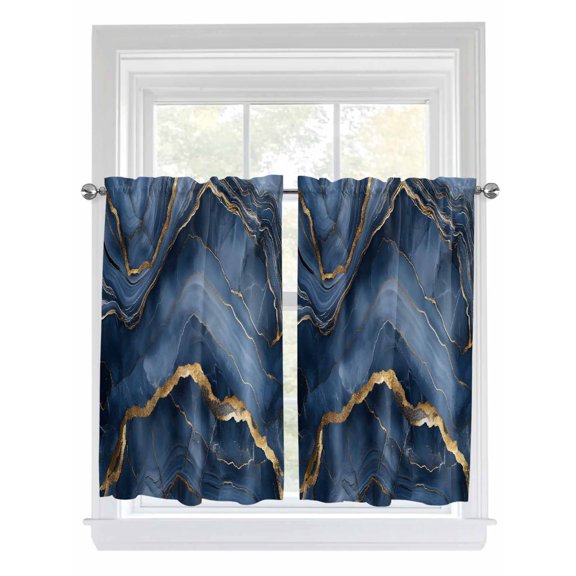 Navy Blue Marble Kitchen Curtains 54 Inch Length, Modern Contemporary Art Rod Pocket Light Filtering Window Curtains Living Room Bedroom Curtain Drapes Cafe Curtain Window Treatment 42''x54''x2