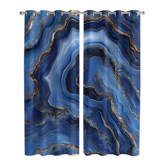 Navy Blue Marble Kitchen Curtains 84 Inch Length, Contemporary Ink Painting Abstract Grommet Top Bedroom Living Room Curtains, Light Filtering Cafe Curtain Drapes 2 Panels Set 84''x84''