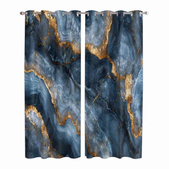 Navy Blue Marble Kitchen Curtains 84 Inch Length, Modern Art Contemporary Yellow Grommet Top Bedroom Living Room Curtains, Light Filtering Cafe Curtain Drapes 2 Panels Set 84''x84''