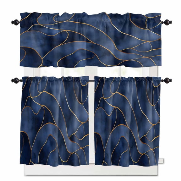Navy Blue Marble Kitchen Curtains Valances and Tiers Set of 3, 36 Inch Length Tier Curtains and Valance Rod Pocket Valance Curtains Set for Kitchen Bathroom Small Windows