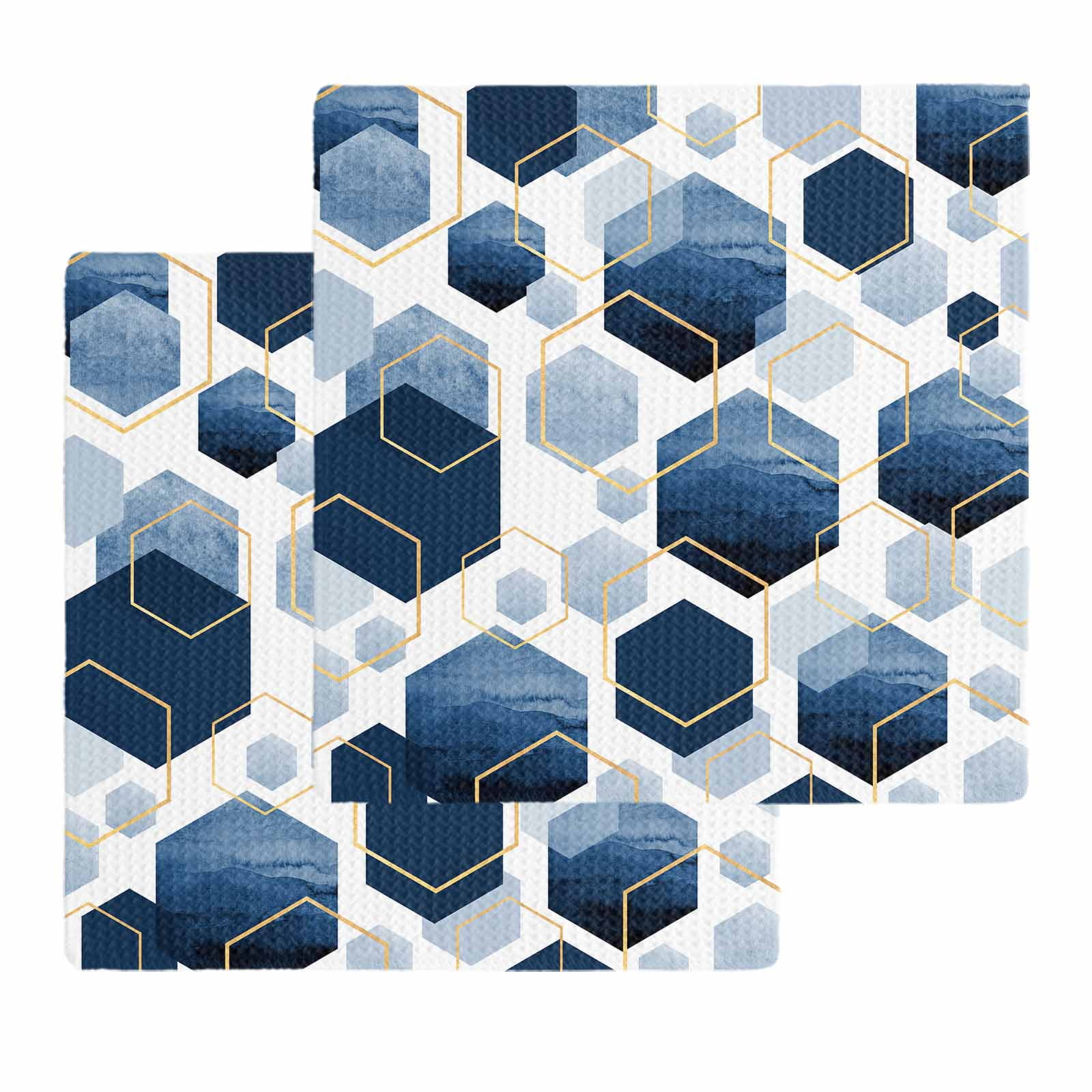 Navy Blue Marble Kitchen Dish Towels for Drying Dishes Set of 2, Gold White Geometric Hexagon Modern Waffle Weave Microfiber Hand Tea Bathroom Towels Quick Dry & Absorbent Towel 12x12