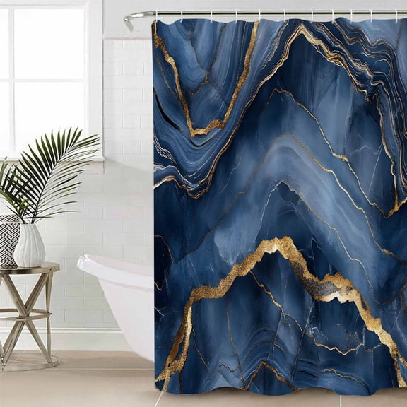 Navy Blue Marble Long Shower Curtain Set, Waterproof Shower Curtains for Bathroom, Modern Contemporary Art Washable Fabric Cloth Bath Curtain for Bathtub Decoration with Hooks 72x84 Inches