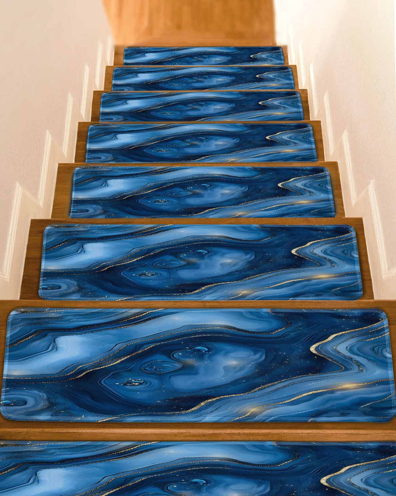 Navy Blue Marble Non-Slip Stair Treads for Wooden Steps, 15 Pack-8x30in ...