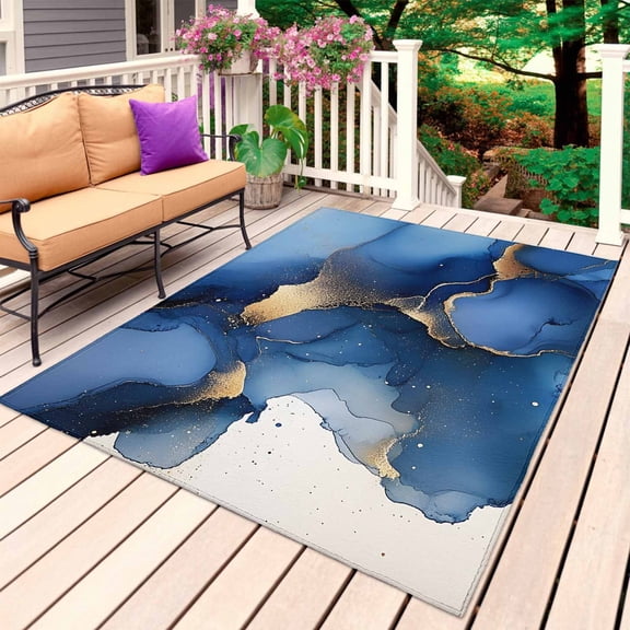 Navy Blue Marble Outdoor Rug for Patio/Deck/Porch, Non-Slip Large Area Rug 4 x 6 Ft, Abstract Ink Painting Modern Luxury Indoor Outdoor Rugs Washable Area Rugs, Reversible Camping Rug Carpet Runner