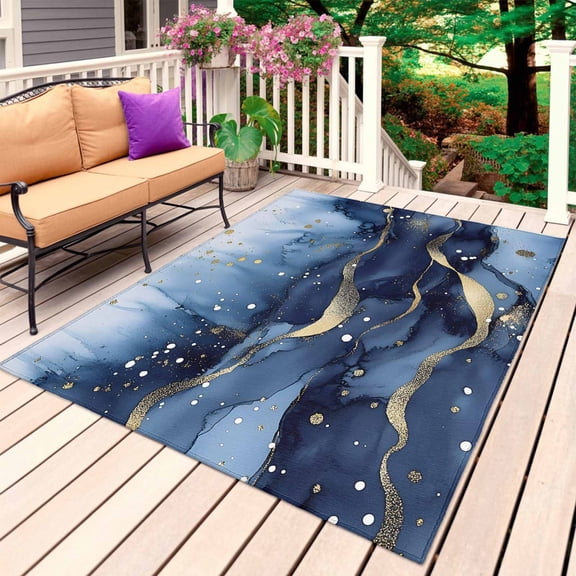 Navy Blue Marble Outdoor Rug for Patio/Deck/Porch, Non-Slip Large Area Rug 4 x 6 Ft, Abstract Modern Ink Painting Art Indoor Outdoor Rugs Washable Area Rugs, Reversible Camping Rug Carpet Runner