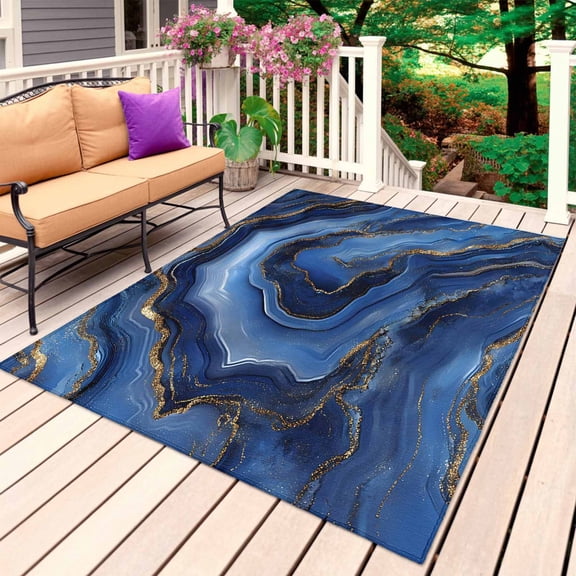 Navy Blue Marble Outdoor Rug for Patio/Deck/Porch, Non-Slip Large Area Rug 5 x 8 Ft, Contemporary Ink Painting Abstract Indoor Outdoor Rugs Washable Area Rugs, Reversible Camping Rug Carpet Runner