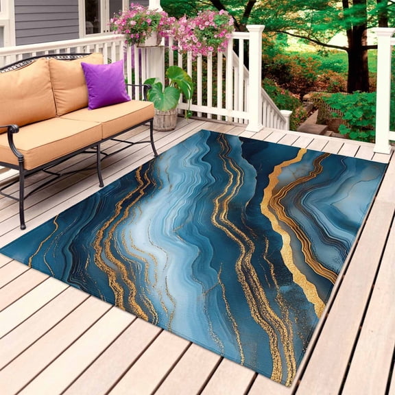 Navy Blue Marble Outdoor Rug for Patio/Deck/Porch, Non-Slip Large Area Rug 6 x 9 Ft, Abstract Ink Painting Contemporary Indoor Outdoor Rugs Washable Area Rugs, Reversible Camping Rug Carpet Runner