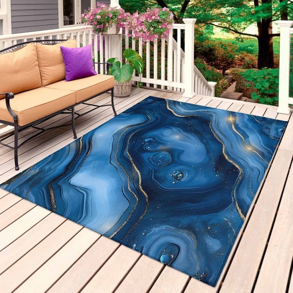Navy Blue Marble Outdoor Rug for Patio/Deck/Porch, Non-Slip Large Area Rug 6 x 9 Ft, Contemporary Abstract Ink Painting Indoor Outdoor Rugs Washable Area Rugs, Reversible Camping Rug Carpet Runner