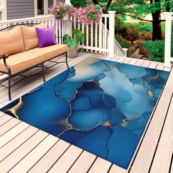 Navy Blue Marble Outdoor Rug for Patio/Deck/Porch, Non-Slip Large Area Rug 6 x 9 Ft, Luxury Abstract Ink Painting Modern Indoor Outdoor Rugs Washable Area Rugs, Reversible Camping Rug Carpet Runner