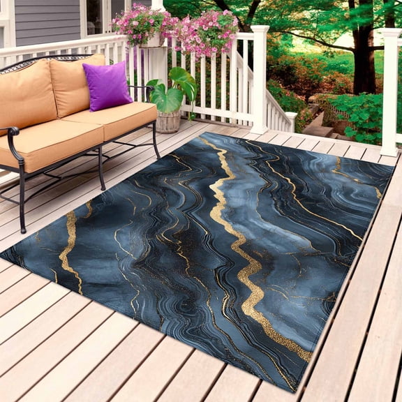 Navy Blue Marble Outdoor Rug for Patio/Deck/Porch, Non-Slip Large Area Rug 6 x 9 Ft, Luxury Abstract Modern Indoor Outdoor Rugs Washable Area Rugs, Reversible Camping Rug Carpet Runner