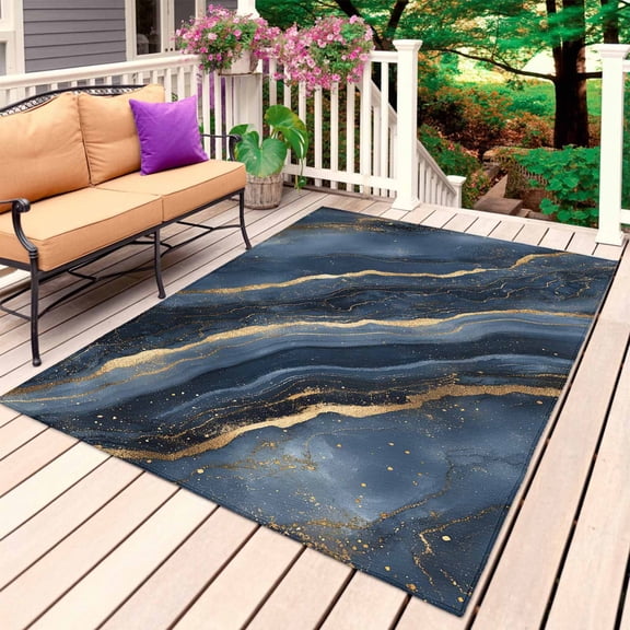Navy Blue Marble Outdoor Rug for Patio/Deck/Porch, Non-Slip Large Area Rug 6 x 9 Ft, Modern Abstract Contemporary Indoor Outdoor Rugs Washable Area Rugs, Reversible Camping Rug Carpet Runner