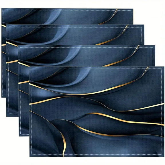 Navy Blue Marble Placemats Set of 4 Modern Abstract Gold Geometric 12x18 Inch Washable Non Slip Linen Table Mats, Rustic Summer Placemats for Dining Table Party Kitchen Decor