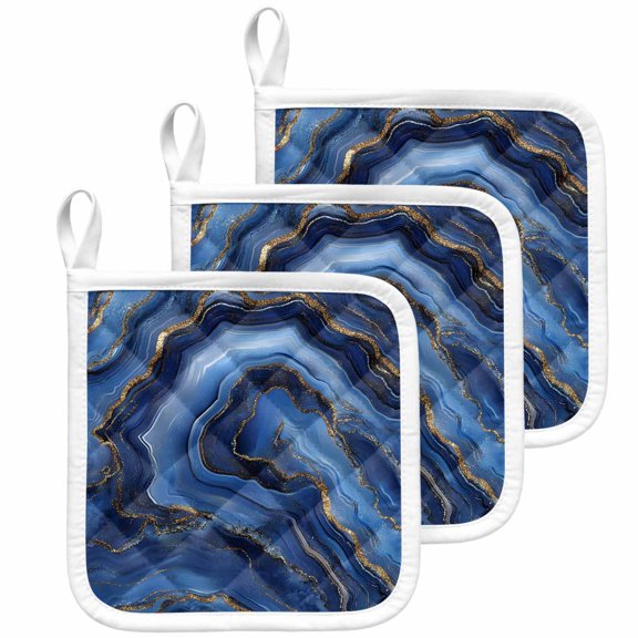 Navy Blue Marble Pot Holders for Kitchen Heatproof Potholder, 3 Pack Contemporary Ink Painting Abstract Hot Pads Multipurpose Oven Pads Cloth Potholders Trivet for Cooking Baking