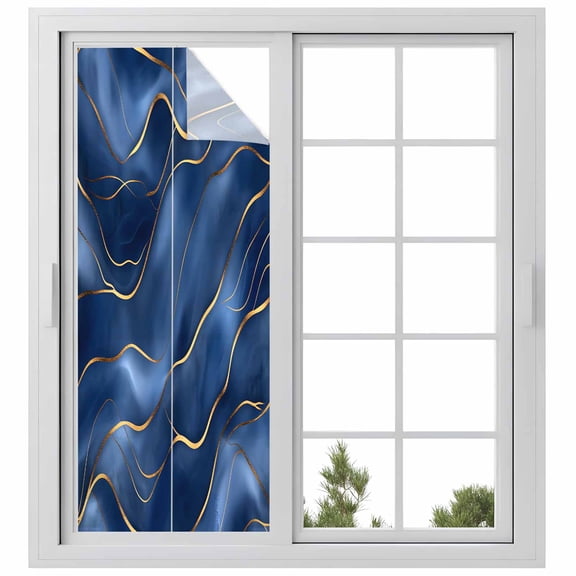 Navy Blue Marble Privacy Window Film, Decorative Frosted Glass Window Film, Abstract Modern Golden Geometric Reusable Peel and Stick Static Cling for Home Bathroom Office Glass Door 23.6"x59"