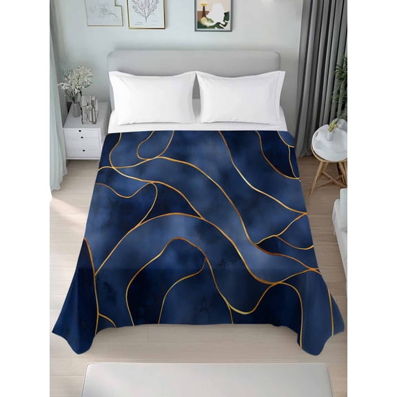 Navy Blue Marble Queen Size Flat Sheet, Wrinkleproof & Fadeproof Cooling Flat Bed Sheet Only, Modern Golden Geometric Abstract Breathable Soft Bedding Top Sheets 90 x 102 Inches