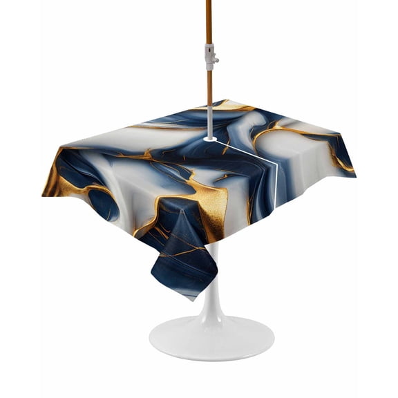 Navy Blue Marble Rectangle Outdoor Tablecloth, Waterproof Table Cloth Cover with Umbrella Hole and Zipper, Gold Modern Art Table Protector for Patio Party Picnic 60"x84"