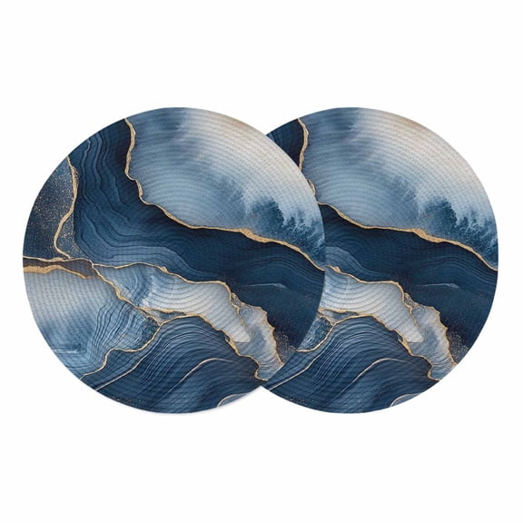 Navy Blue Marble Round 13 Inch Placemats Set of 2, Modern Ink Painted Artwork HeatResistant Non Slip Place Mats for Dining Table, Wipeable Braided Kitchen Table Mats for Housewarming
