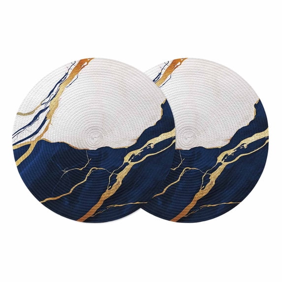 Navy Blue Marble Round 13 Inch Placemats Set of 2, Modern Ink Painting Art Abstract HeatResistant Non Slip Place Mats for Dining Table, Wipeable Braided Kitchen Table Mats for Housewarming