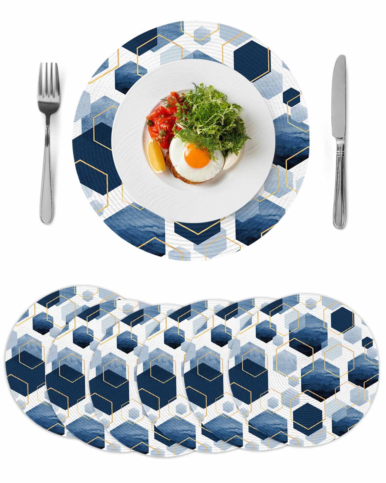 Navy Blue Marble Round 13 Inch Placemats Set of 6, Gold White Geometric ...