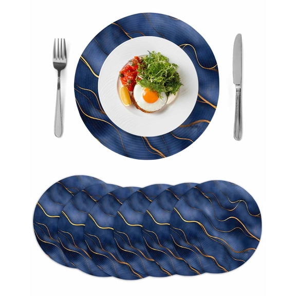 Navy Blue Marble Round 13 Inch Placemats Set of 6, Modern Golden Geometric Art HeatResistant Non Slip Place Mats for Dining Table, Wipeable Braided Kitchen Table Mats for Housewarming
