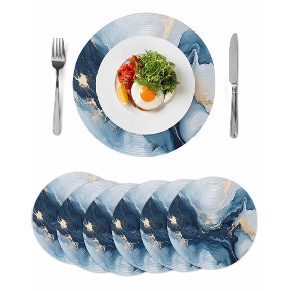 Navy Blue Marble Round 15 Inch Placemats Set of 6, Modern Abstract Ink Painting HeatResistant Non Slip Place Mats for Dining Table, Wipeable Braided Kitchen Table Mats for Housewarming