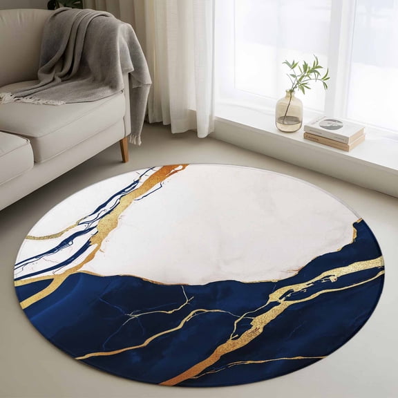 Navy Blue Marble Round Area Rug 3.3 FT, Non Slip Small Entryway Kitchen Mat, Modern Ink Painting Art Abstract Washable Soft Circular Rug Non-Shedding Door Mat for Bathroom Playroom Kids Room