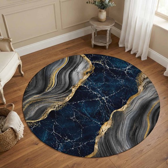 Navy Blue Marble Round Area Rug 3Ft Washable Small Circle Rugs for Kitchen Entryway, Black Gold Abstract Art Luxury Modern Non-Slip Carpet Floor Mats Indoor Outdoor Carpet Runner Home Decor