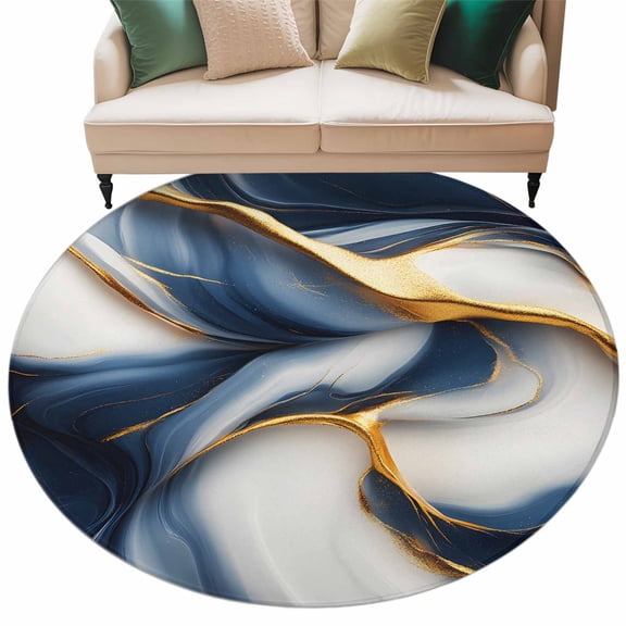 Navy Blue Marble Round Area Rug 5ft Washable Large Round Rug for Living Room, Soft Non-Slip Circle Rugs for Dining Room, Gold Modern Art Floor Carpet for Bedroom Entryway Home Office