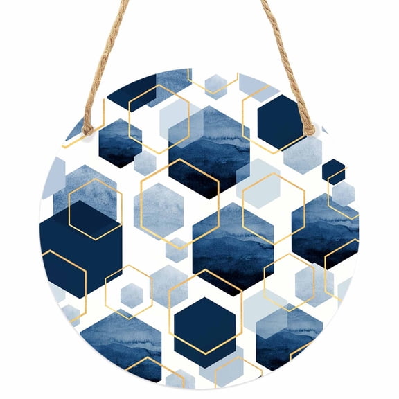 Navy Blue Marble Round Front Door Welcome Sign, 7.8 Inch Wall Hanging Decor for Indoor Outdoor, Gold White Geometric Hexagon Modern Home Porch Hanger Decorations for Holiday Gift